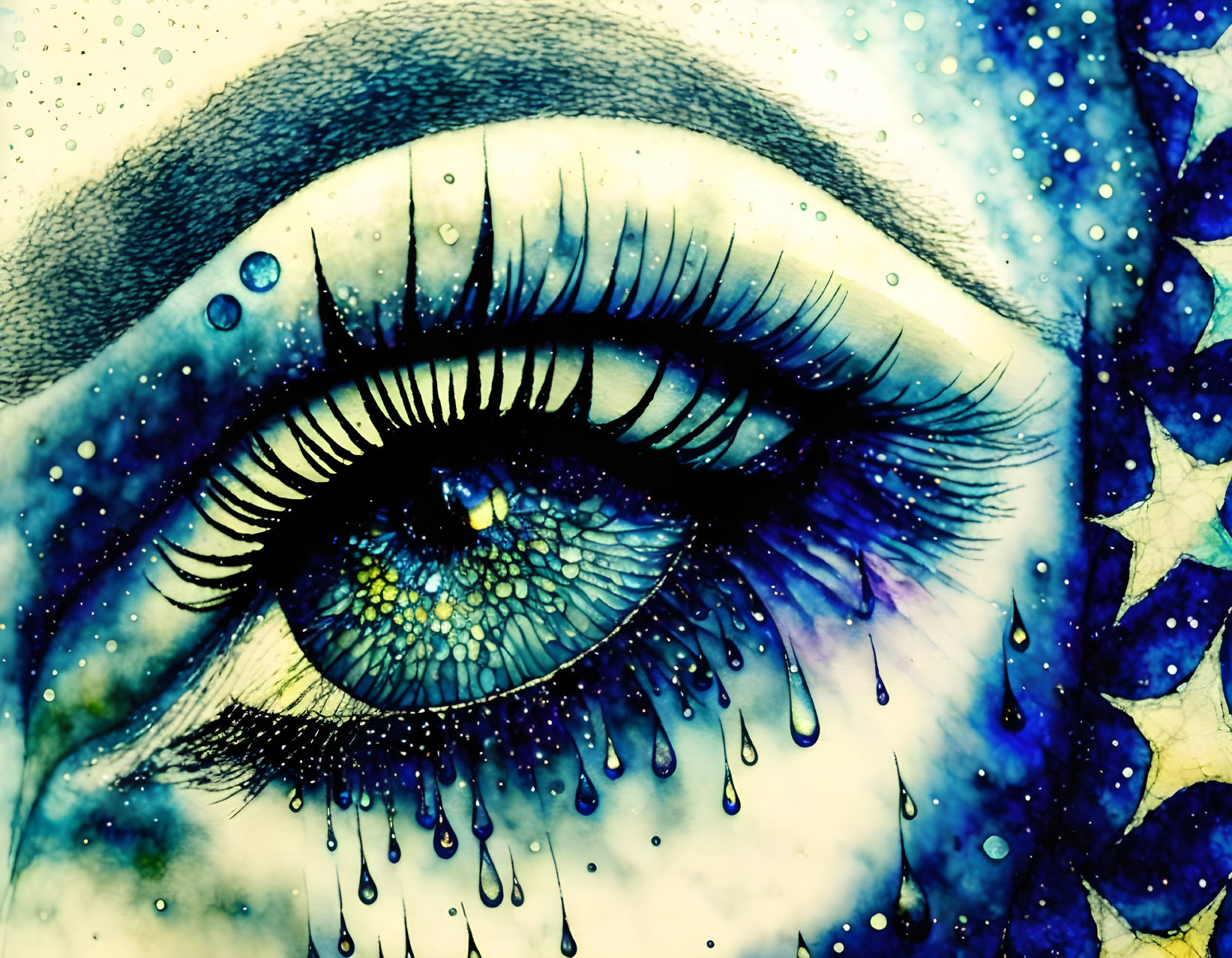 Detailed Close-Up Illustration: Blue and Purple Eye with Ink-Like Teardrops