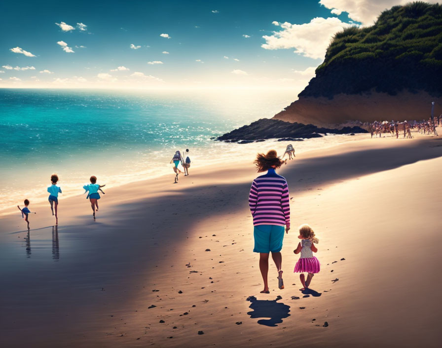 Sandy beach scene with footprints, calm blue waters, and dramatic sky