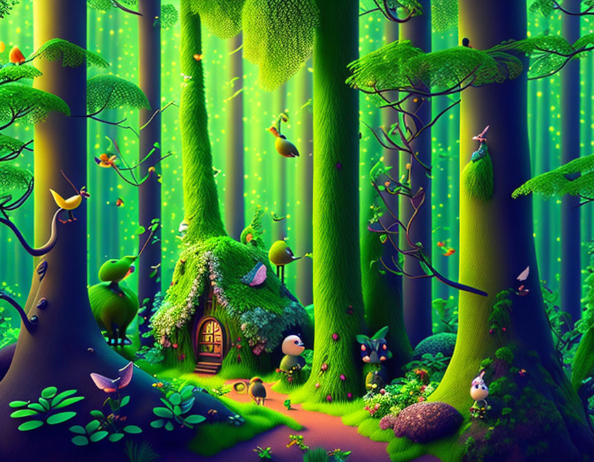 Enchanting forest scene with glowing lights, whimsical trees, creatures, and lush greenery