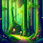 Enchanting forest scene with glowing lights, whimsical trees, creatures, and lush greenery