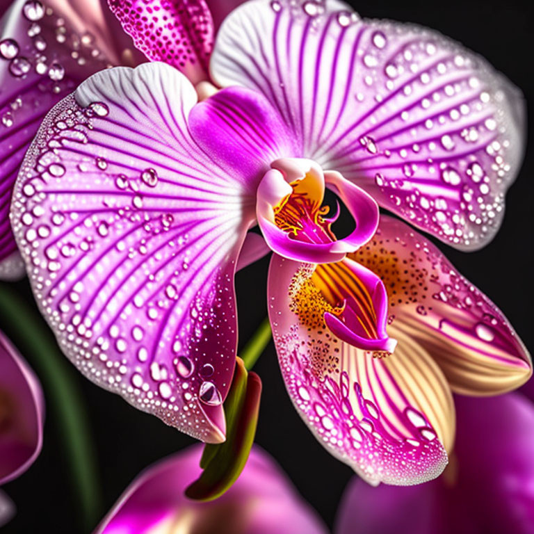 Vibrant purple orchid with water droplets on petals on dark background