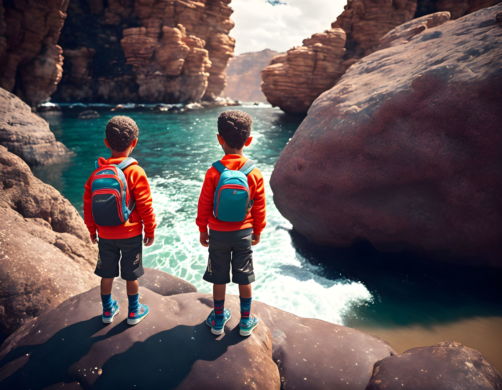 Children in red jackets on rocky shore by turquoise sea and cliffs