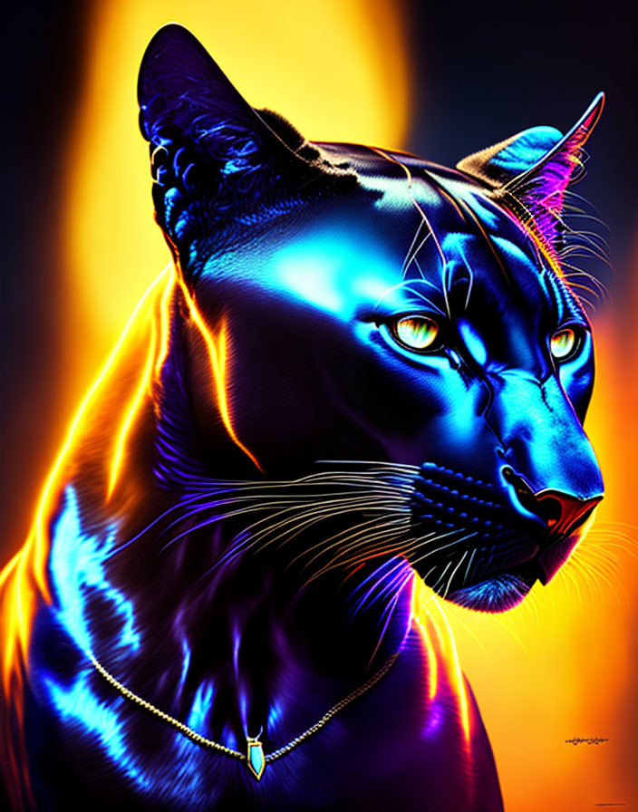 Colorful digital artwork: Blue and orange cat with necklace on fiery backdrop