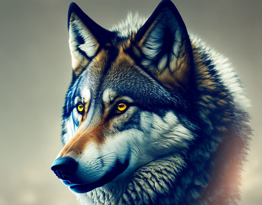 Detailed Wolf Face with Yellow Eyes and Fur Texture