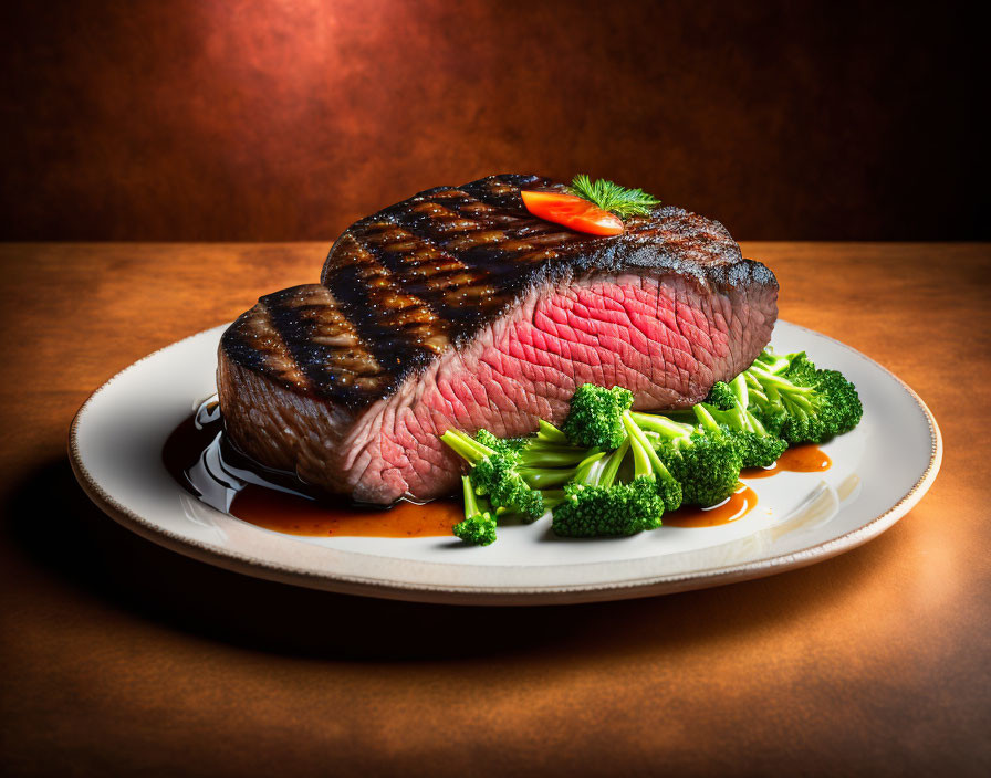 Juicy medium-rare grilled steak with crosshatch char marks, parsley and tomato garnish,