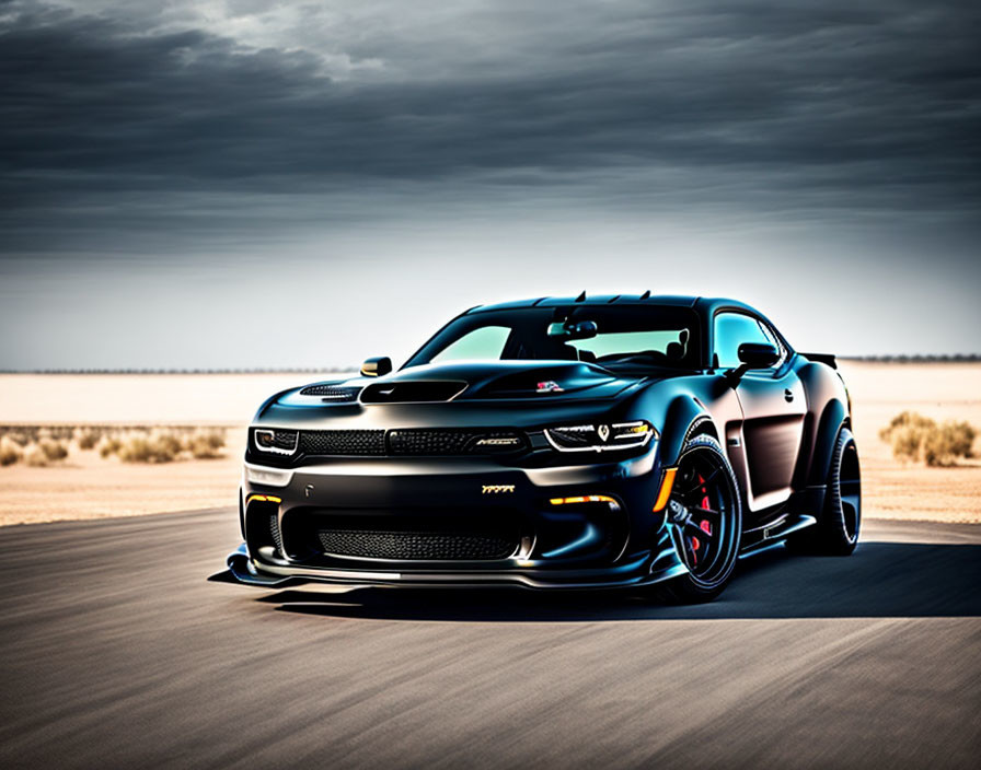 Black Sports Car with Racing Stripes and Red Accents on Desert Road