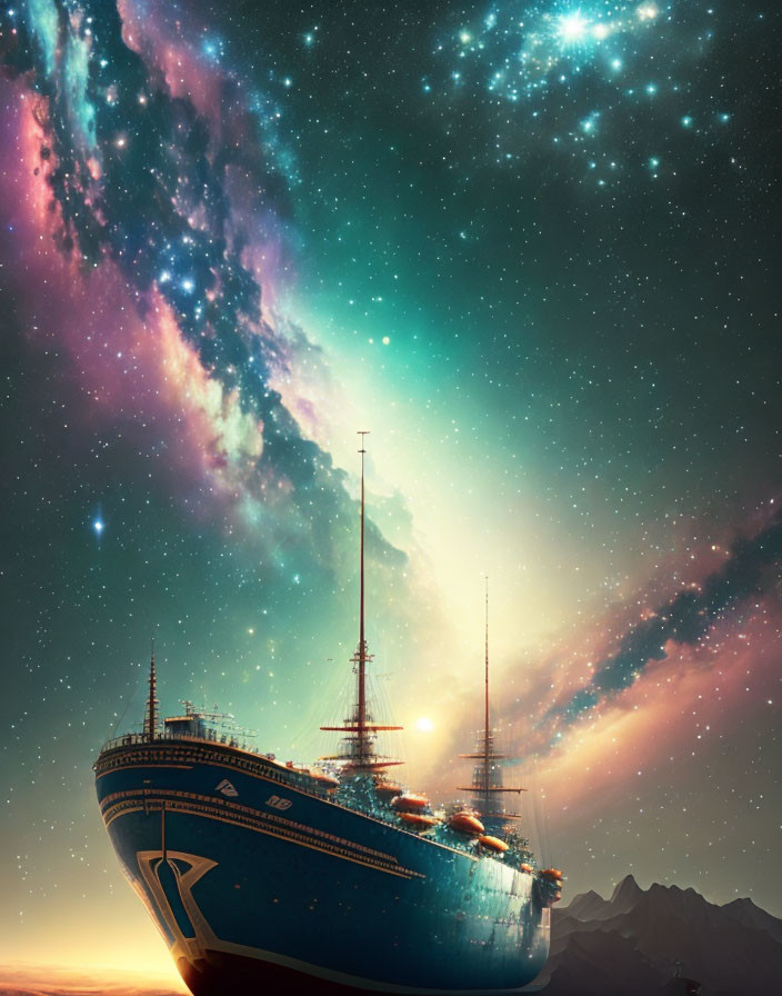 Tall mast ship under starry sky with glowing light