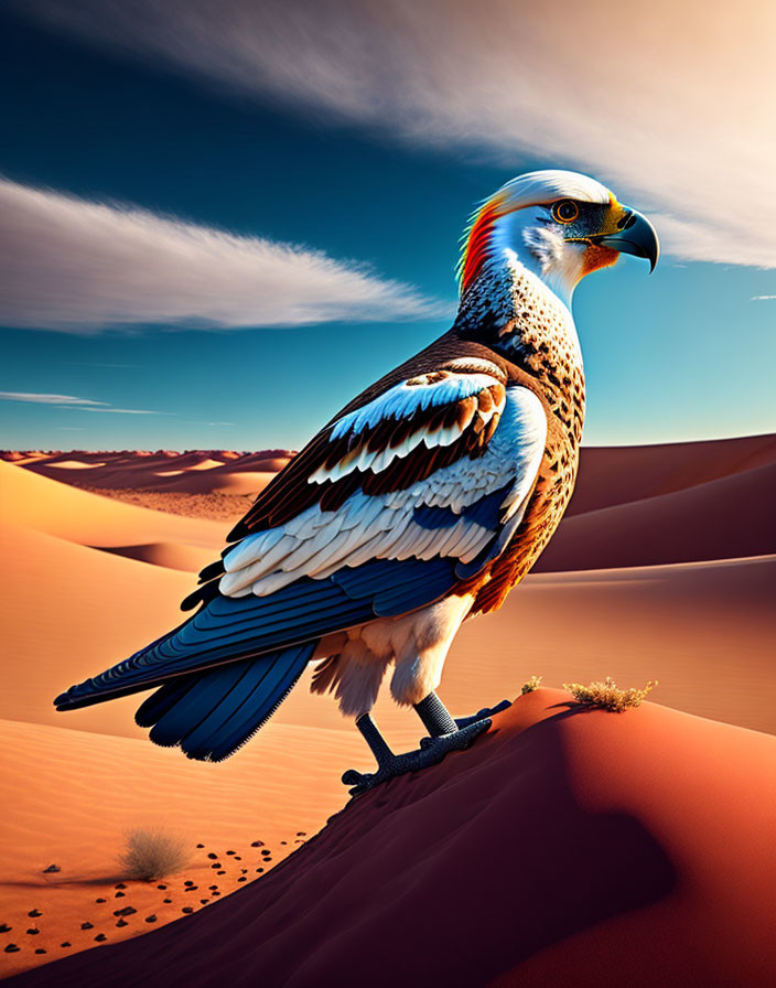 Colorful bird perched on sand dune under gradient desert sky