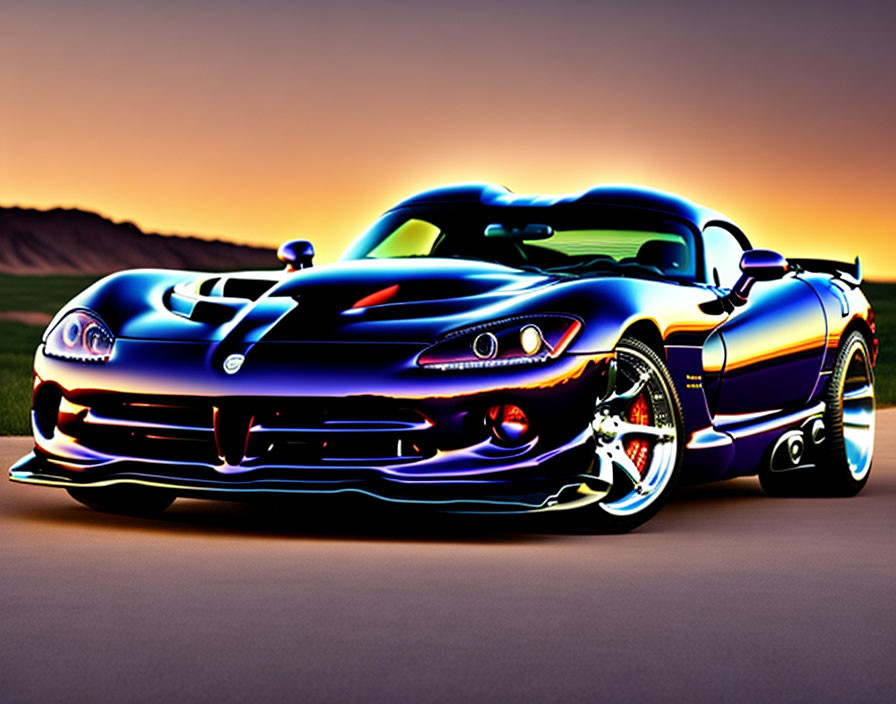 Colorful Dodge Viper digital art with neon outlines on sunset background