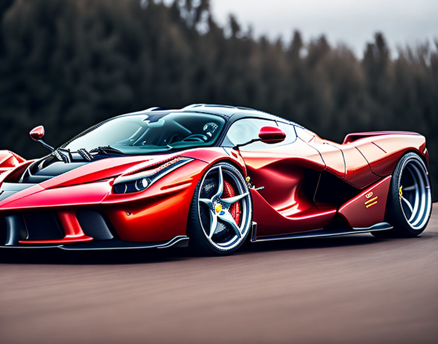 Dynamic Red Sports Car with Aero Elements on Forest Background