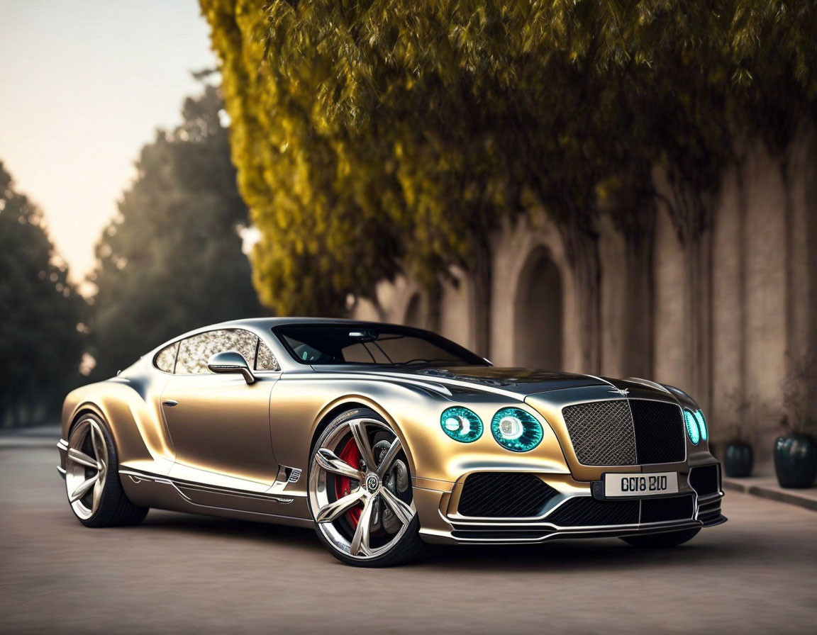 Luxury Gold-Colored Car Parked on Street with Trees