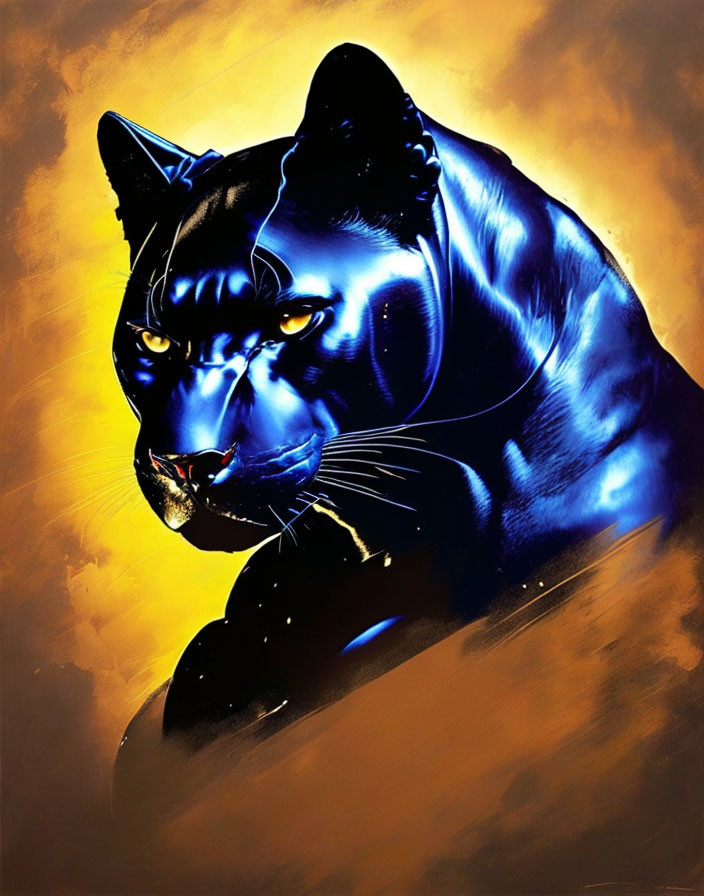 Black Panther Illustration with Blue Highlights on Golden Yellow Background