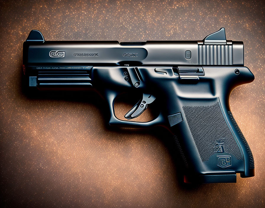 Textured black semi-automatic pistol with engravings on brown background