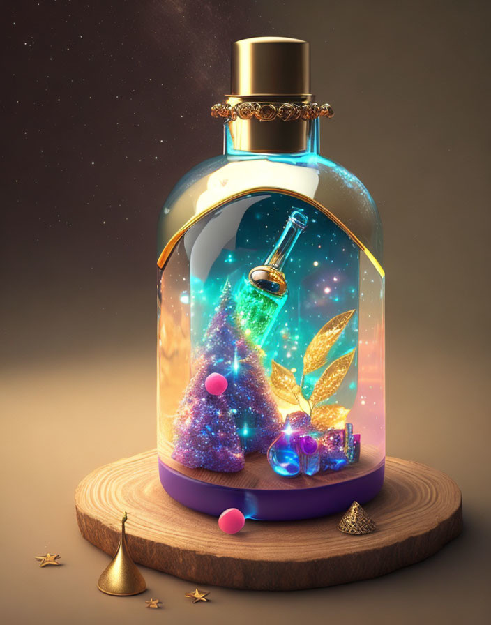 Fantastical glass terrarium with glowing potion, miniature trees, golden leaves, and magical orbs on