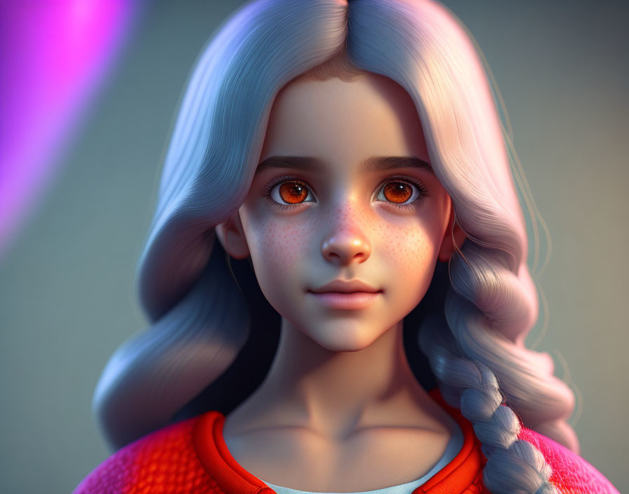 Detailed Close-Up of 3D Animated Girl with White Braided Hair