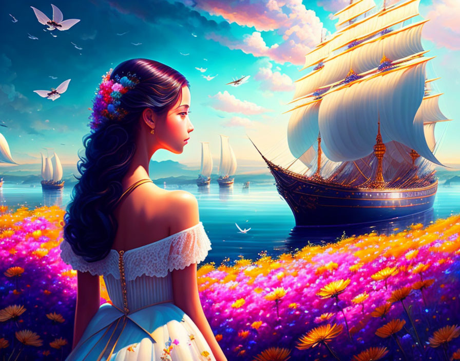 Woman in white dress gazes at sailing ships amidst wildflowers and birds in vibrant seaside scene