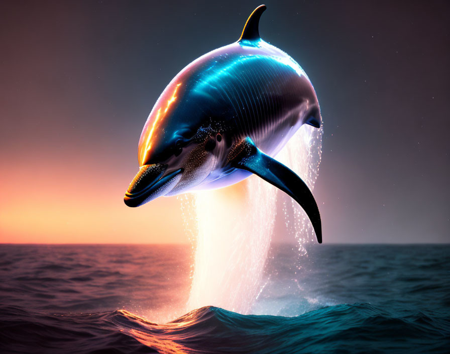 Glowing dolphin leaping from ocean at sunset