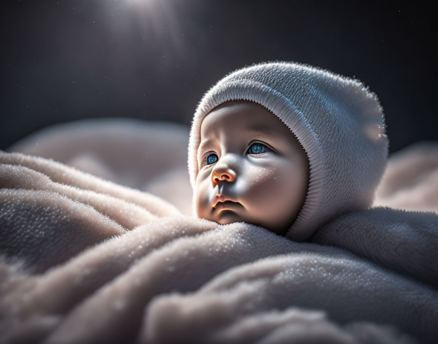 Infant in White Hat on Plush Blanket with Soft Light