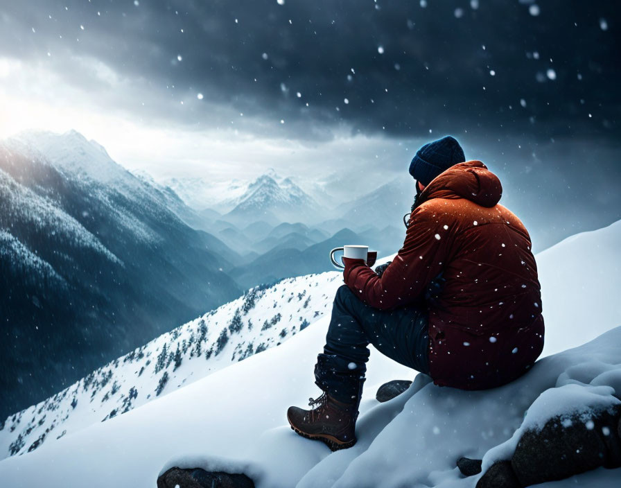 Person in red jacket and beanie sitting on snowy hill with cup, gazing at mountain scenery under