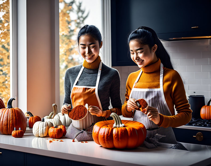 Autumn-themed kitchen scene with people carving pumpkins