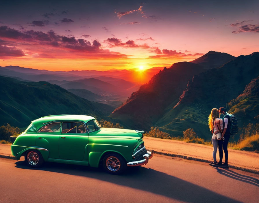 Couple Embracing by Green Car on Mountain Road at Sunset