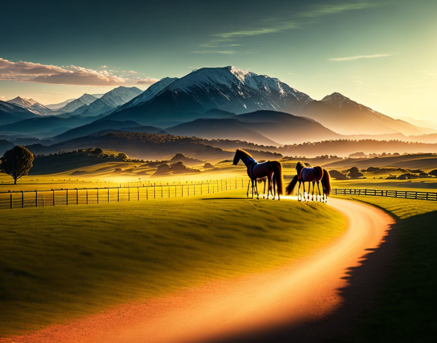 Three horses in vibrant sunset light by fenced path and mountains