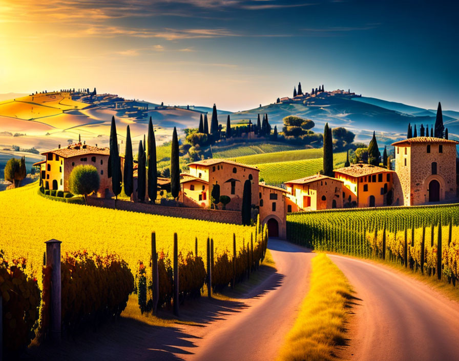 Picturesque Tuscan Landscape: Rolling Hills, Vineyards, Cypress Trees, Dirt Road, Italian Houses