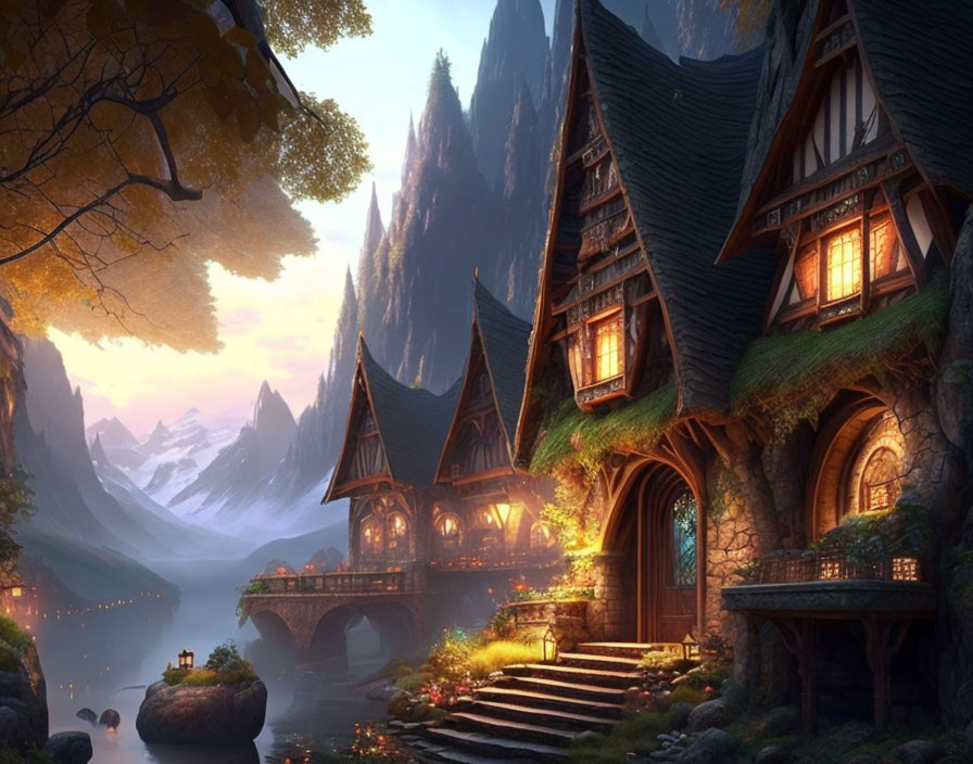 Majestic illuminated house in fantasy landscape at dusk