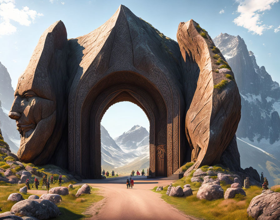 Mountain Pass Sculpted as Giant's Head with Arched Entrance to Valley