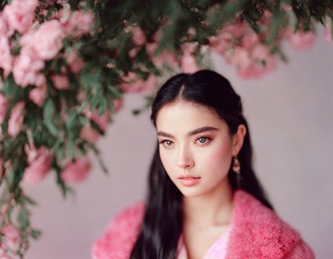 Dark-haired woman under pink flowering tree in pink fuzzy garment gazes at camera.