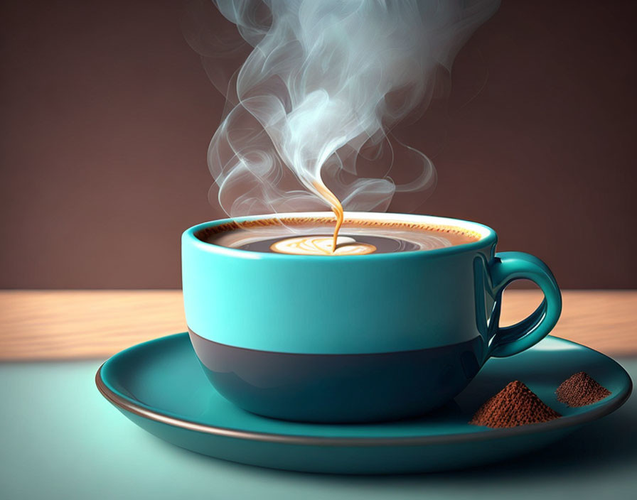 Turquoise Cup of Coffee with Heart Design and Brown Sugar on Saucer