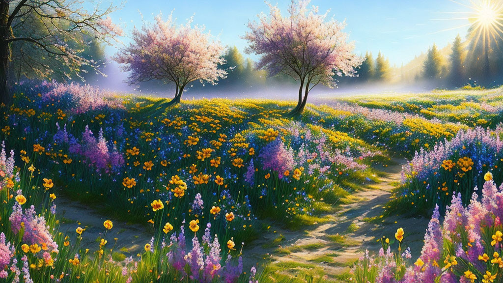 Colorful Spring Meadow with Blossoming Trees and Sunrays