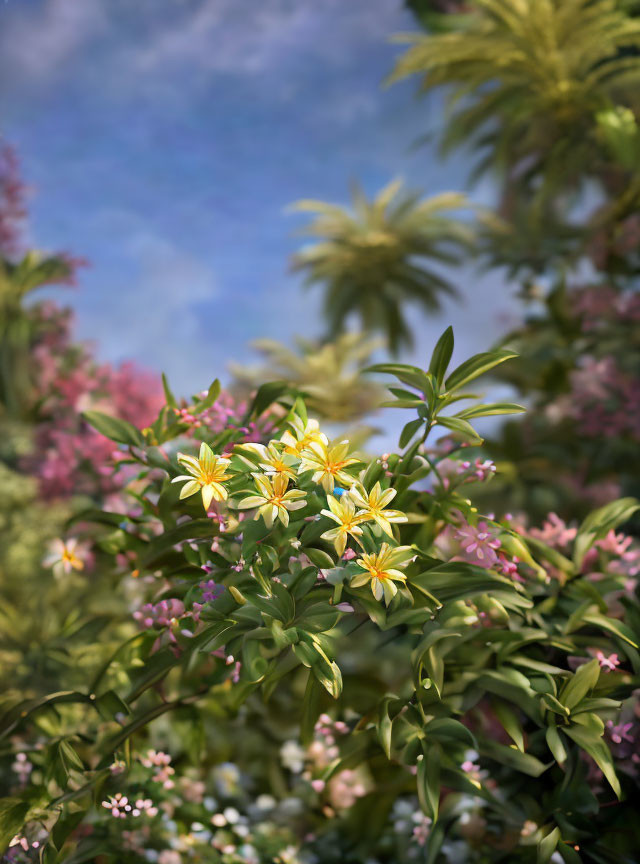 Yellow Star-Shaped Flowering Shrubs in Lush Greenery