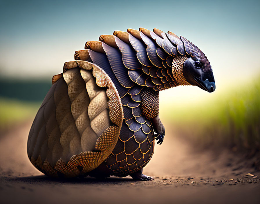 Mythical bird-armadillo hybrid with golden armor on dirt path.