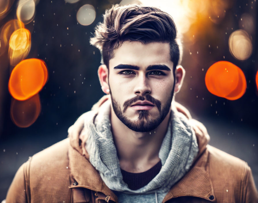 Stylish young man with beard and hoodie in jacket, gazing at camera on bokeh background