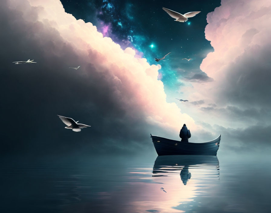 Person in boat on calm water with seagulls under colorful sky blending into starry night