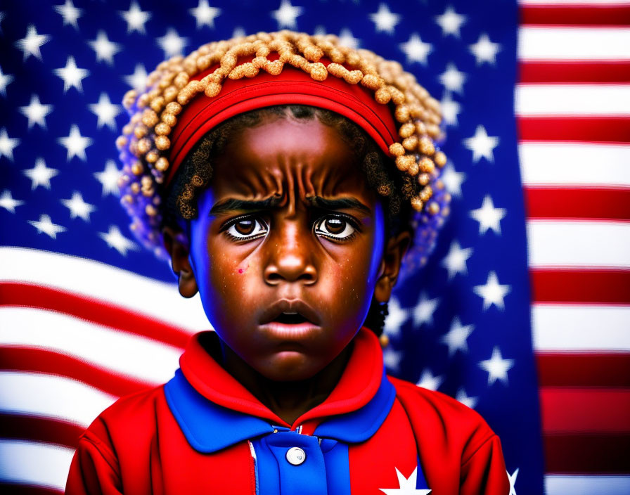 Worried young child in red cap and starry blue top against American flag