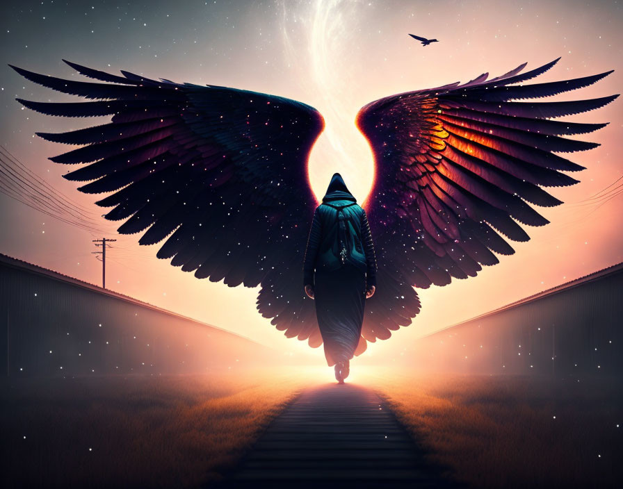 Person with Dark Angelic Wings Walking Towards Vibrant Sunrise or Sunset