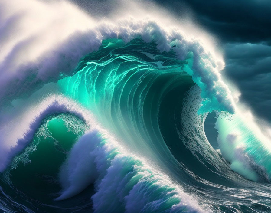 Towering Turquoise and Emerald Wave Against Stormy Sky