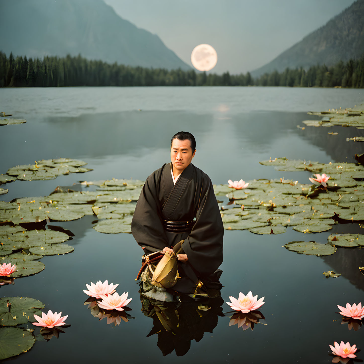 Person in traditional attire among water lilies on calm lake with mountains and full moon