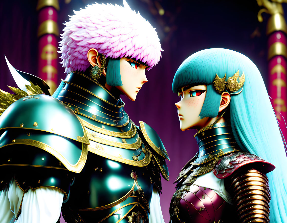 Animated characters in ornate armor with pink and blue hair in serious stare