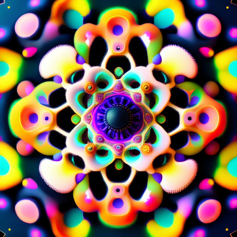 Vibrant symmetrical abstract fractal art with neon glow and intricate patterns