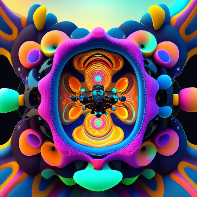 Symmetrical fractal image with organic and geometric shapes in vivid colors