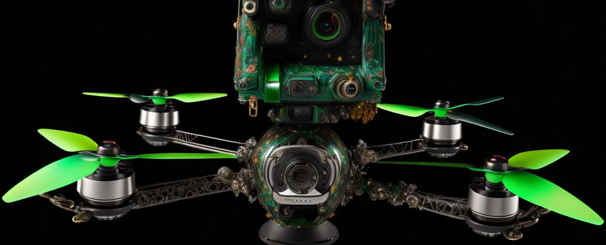 Futuristic drone with green propellers and complex camera system