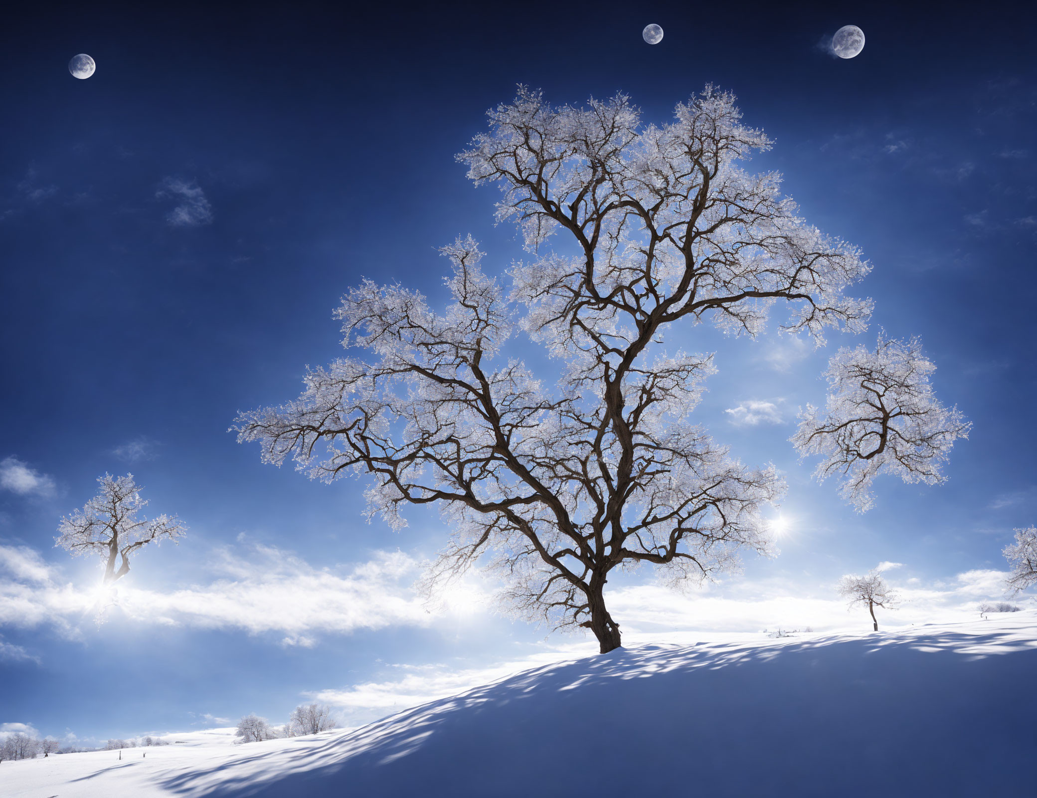 Winter landscape with central bare tree and multiple moons in blue sky