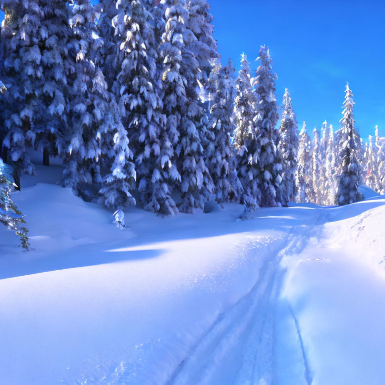 Winter Scene: Snow-covered Pine Trees & Ski Tracks in Clear Blue Sky