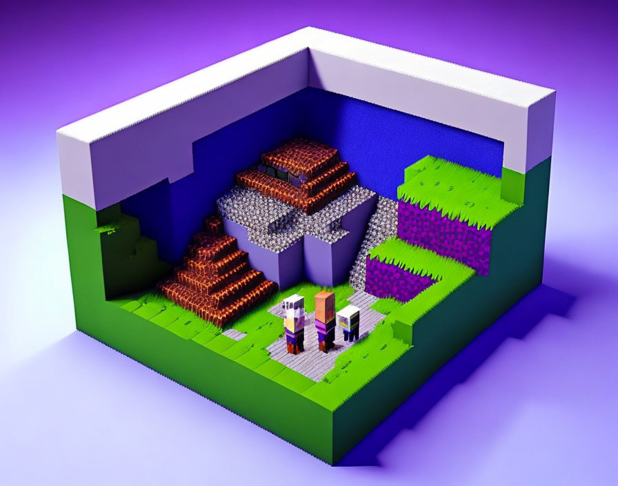 Vibrant 3D voxel art of Minecraft-inspired miniature scene