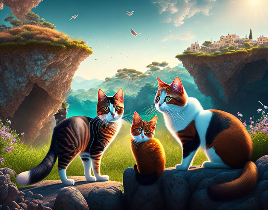 Three Cartoon Cats on Rock with Whimsical Landscape