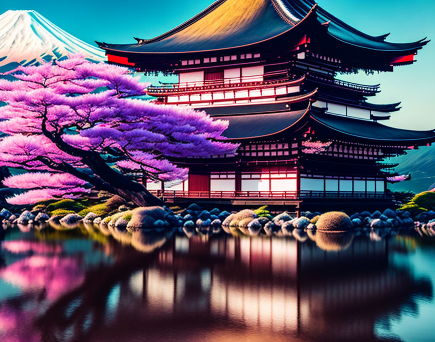 Japanese Pagoda and Cherry Blossoms Reflecting in Pond with Mount Fuji View