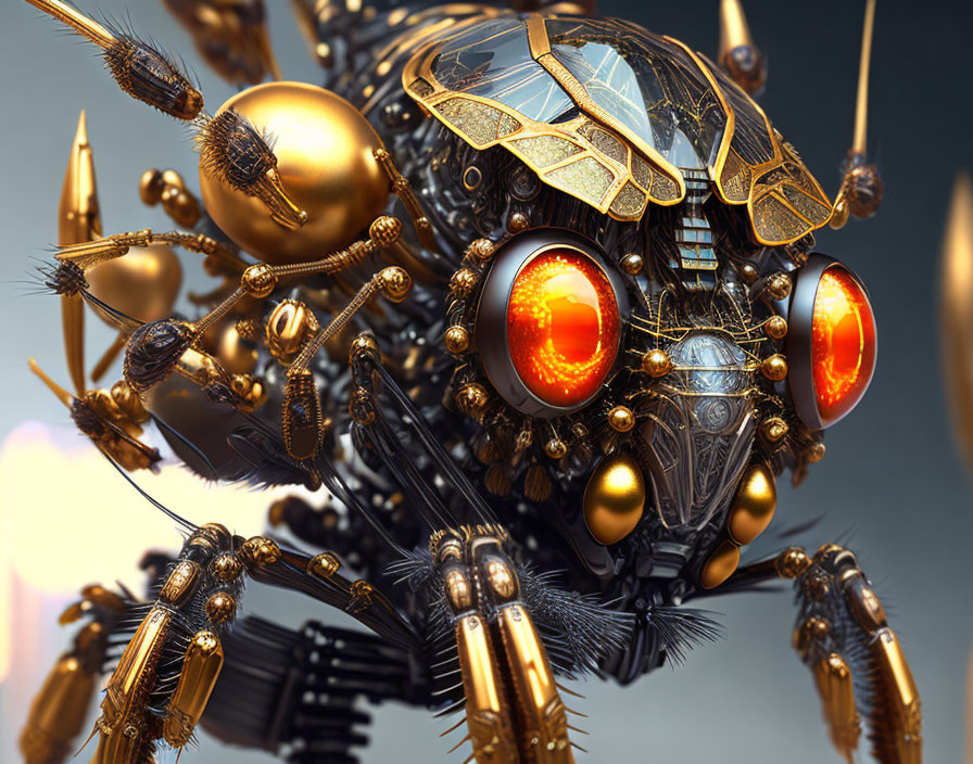 Detailed 3D rendering of mechanical insect with gold accents, intricate gears, and red eyes on grey